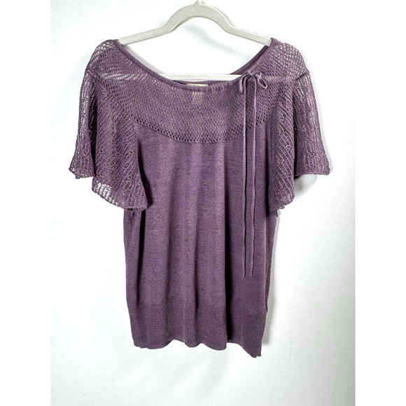 White + Warren Linen Blend Plum Crochet Knit Top Bohemian Peasant Cottagecore S - Picture 1 of 7